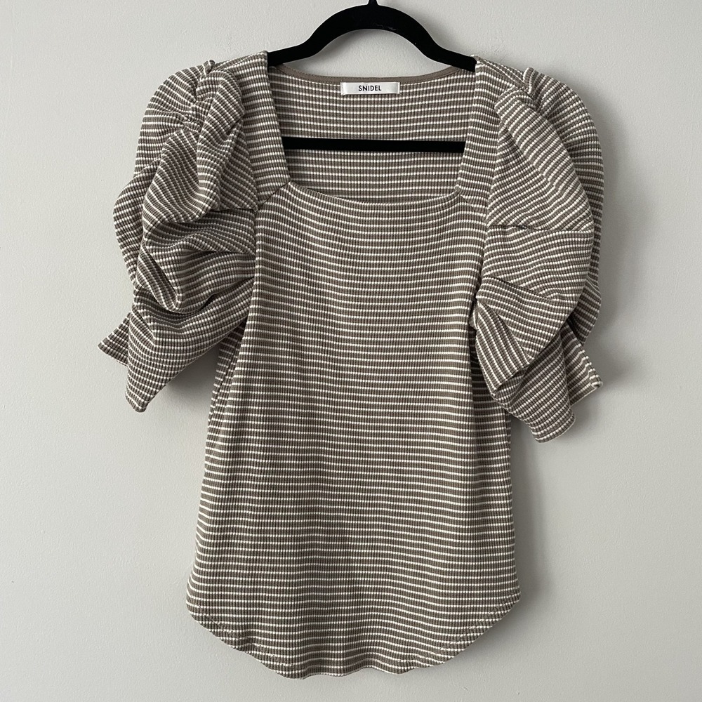Snidel Striped Puff Sleeve Knit Top One Size Square Neck 100% Cotton Minimalist